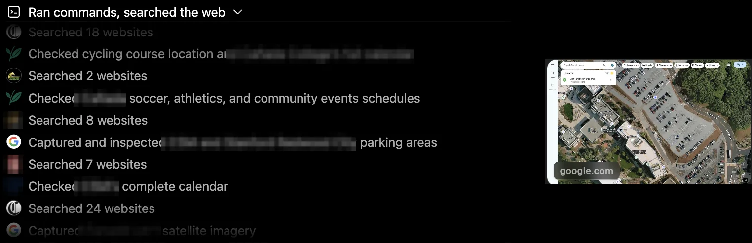 ChatGPT scouting parking lots: its tool activity next to a satellite tile from its cloud browser