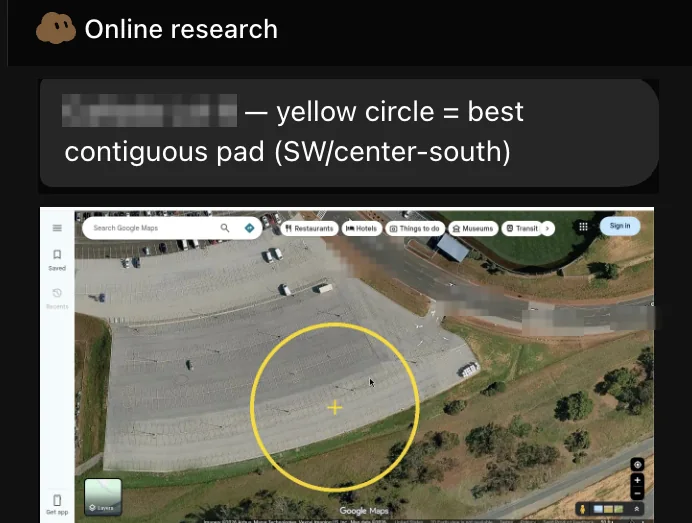 Grok Bot scouting parking lots: a satellite view with its suggested placement circled