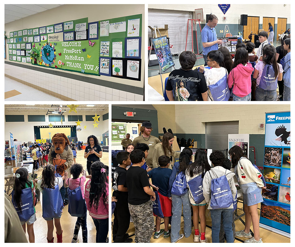 A banner welcomes the Freeport team for what academy leadership calls one of its favorite traditions; this year’s theme emphasized the important connection between energy, innovation and environmental responsibility; Theo Perkins and Alyssa Capriotti, both Environmental Scientist II, speak with some of the Ramona STEM Academy students about the importance of pollinators; with McGruff the Crime Dog on the scene, Freeport wasn’t the only familiar presence at the annual Earth Day celebration.